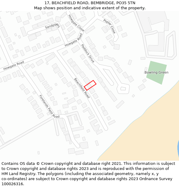 17, BEACHFIELD ROAD, BEMBRIDGE, PO35 5TN: Location map and indicative extent of plot