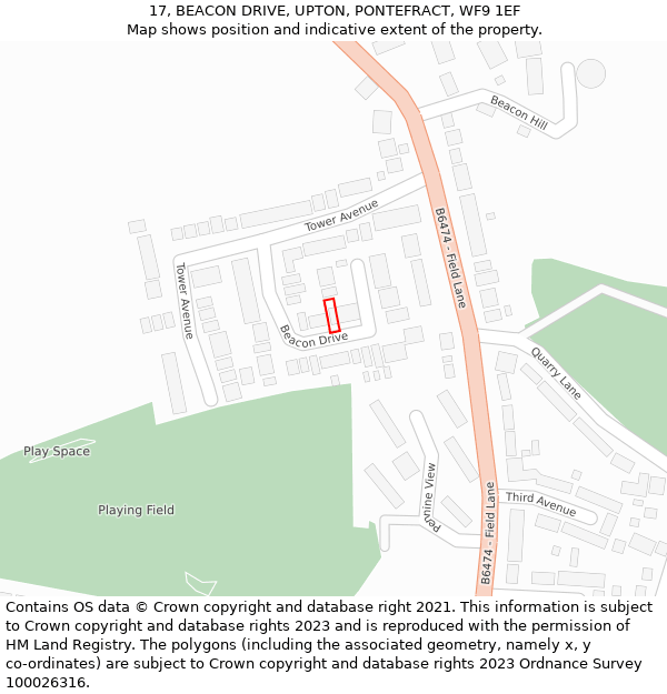17, BEACON DRIVE, UPTON, PONTEFRACT, WF9 1EF: Location map and indicative extent of plot