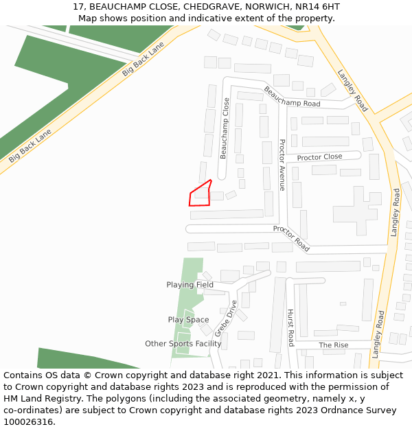 17, BEAUCHAMP CLOSE, CHEDGRAVE, NORWICH, NR14 6HT: Location map and indicative extent of plot