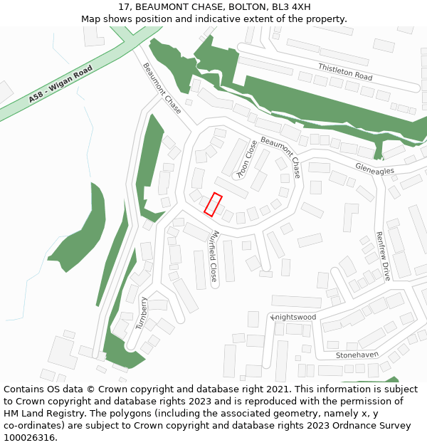 17, BEAUMONT CHASE, BOLTON, BL3 4XH: Location map and indicative extent of plot