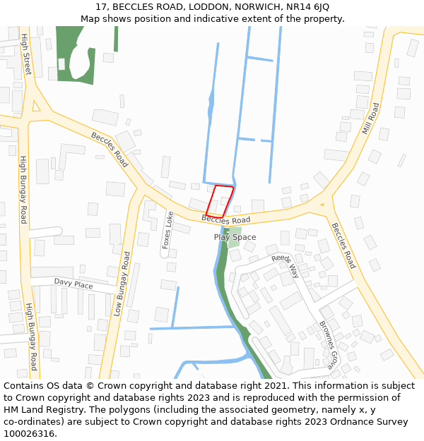 17, BECCLES ROAD, LODDON, NORWICH, NR14 6JQ: Location map and indicative extent of plot