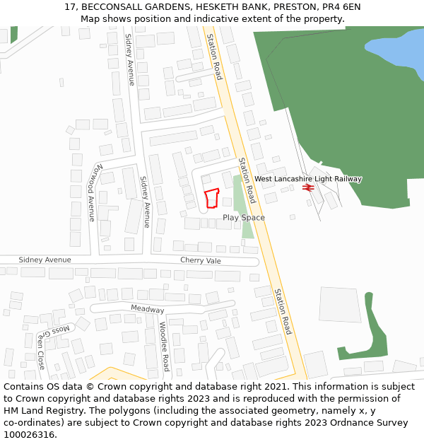 17, BECCONSALL GARDENS, HESKETH BANK, PRESTON, PR4 6EN: Location map and indicative extent of plot