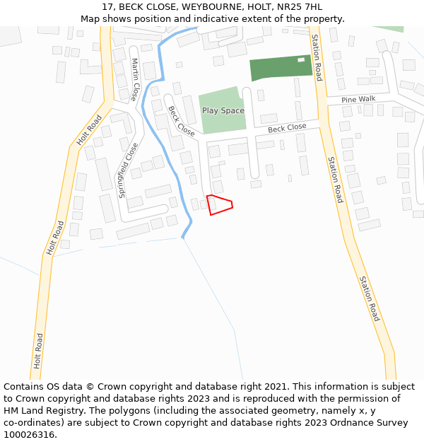 17, BECK CLOSE, WEYBOURNE, HOLT, NR25 7HL: Location map and indicative extent of plot