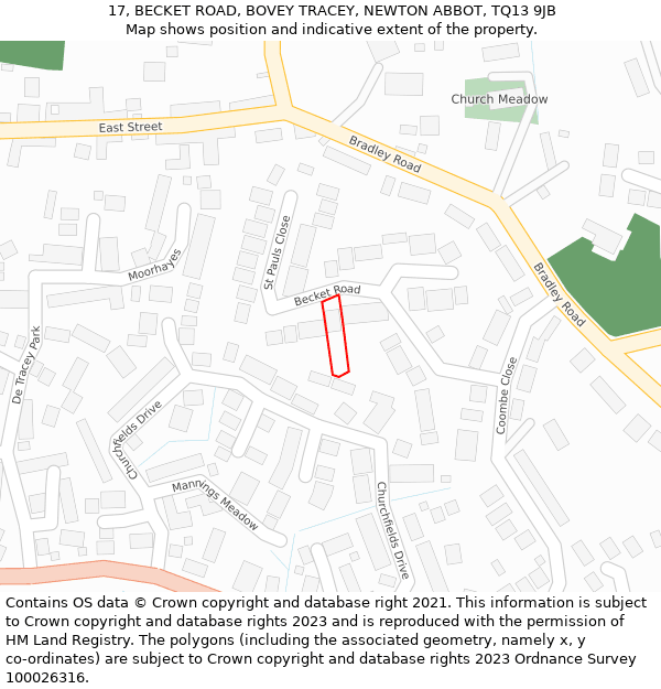 17, BECKET ROAD, BOVEY TRACEY, NEWTON ABBOT, TQ13 9JB: Location map and indicative extent of plot