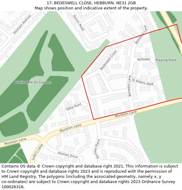 17, BEDESWELL CLOSE, HEBBURN, NE31 2GB: Location map and indicative extent of plot