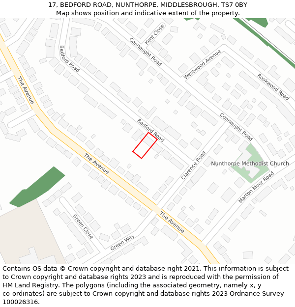 17, BEDFORD ROAD, NUNTHORPE, MIDDLESBROUGH, TS7 0BY: Location map and indicative extent of plot