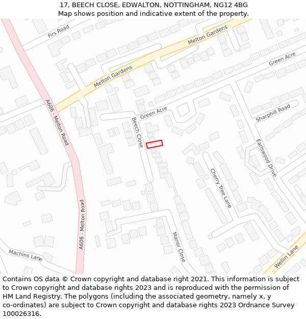 17, BEECH CLOSE, EDWALTON, NOTTINGHAM, NG12 4BG: Location map and indicative extent of plot
