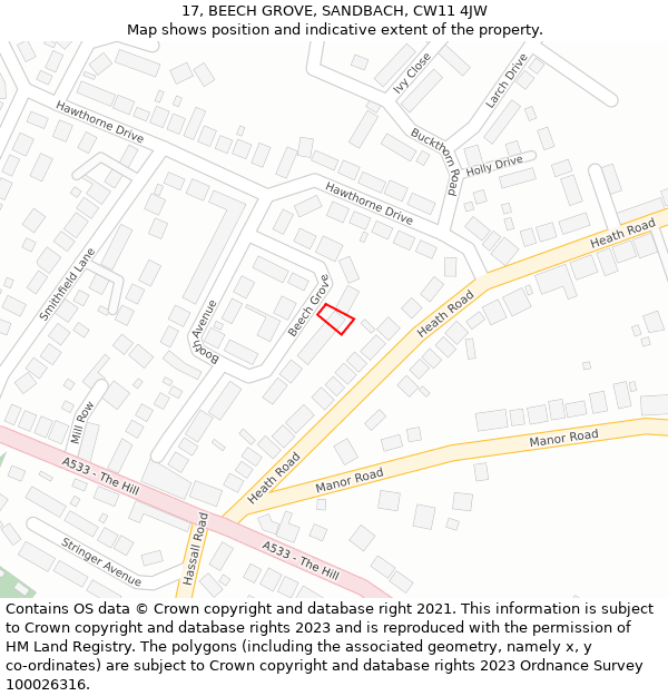 17, BEECH GROVE, SANDBACH, CW11 4JW: Location map and indicative extent of plot