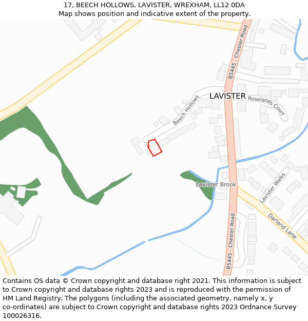 17, BEECH HOLLOWS, LAVISTER, WREXHAM, LL12 0DA: Location map and indicative extent of plot