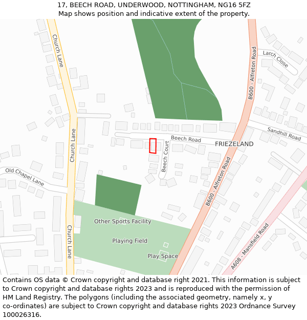 17, BEECH ROAD, UNDERWOOD, NOTTINGHAM, NG16 5FZ: Location map and indicative extent of plot