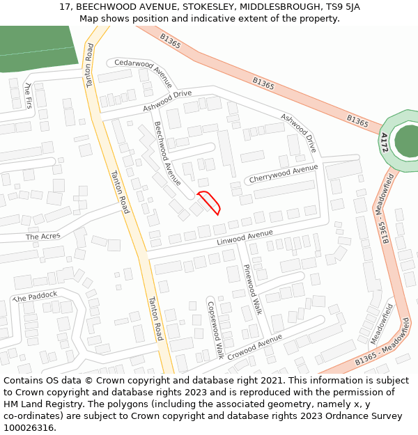 17, BEECHWOOD AVENUE, STOKESLEY, MIDDLESBROUGH, TS9 5JA: Location map and indicative extent of plot