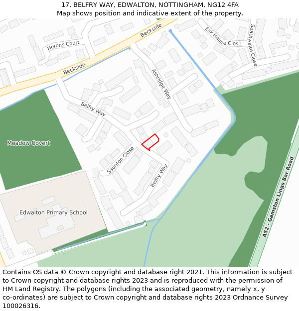 17, BELFRY WAY, EDWALTON, NOTTINGHAM, NG12 4FA: Location map and indicative extent of plot