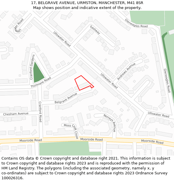 17, BELGRAVE AVENUE, URMSTON, MANCHESTER, M41 8SR: Location map and indicative extent of plot