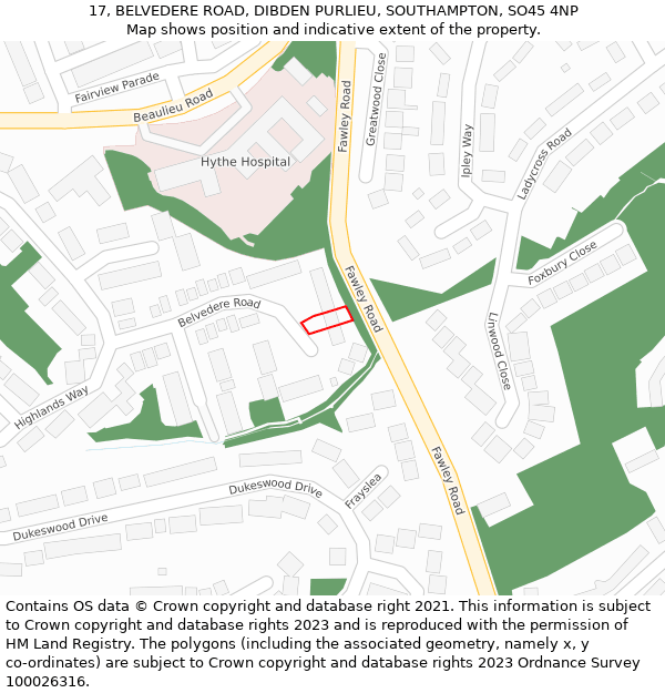 17, BELVEDERE ROAD, DIBDEN PURLIEU, SOUTHAMPTON, SO45 4NP: Location map and indicative extent of plot