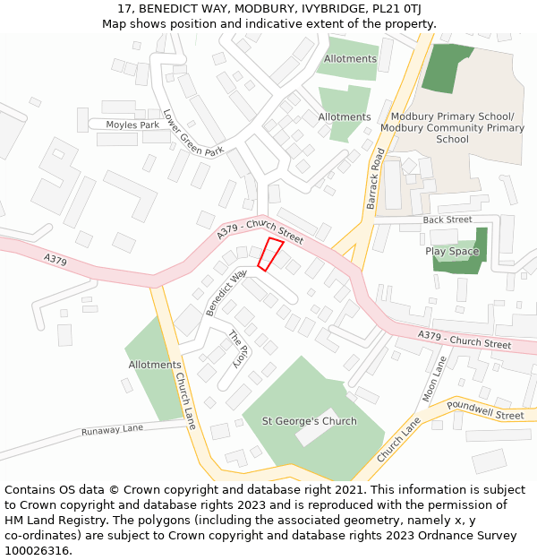 17, BENEDICT WAY, MODBURY, IVYBRIDGE, PL21 0TJ: Location map and indicative extent of plot