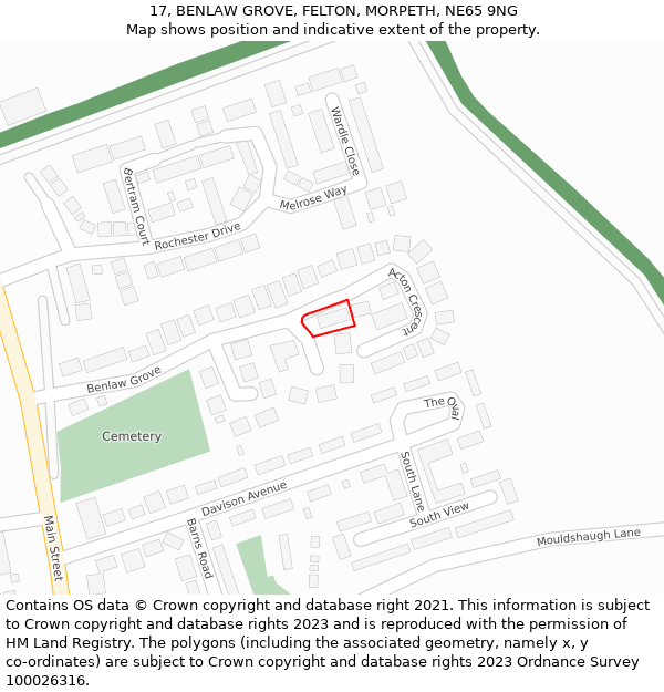 17, BENLAW GROVE, FELTON, MORPETH, NE65 9NG: Location map and indicative extent of plot