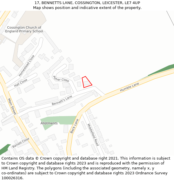 17, BENNETTS LANE, COSSINGTON, LEICESTER, LE7 4UP: Location map and indicative extent of plot