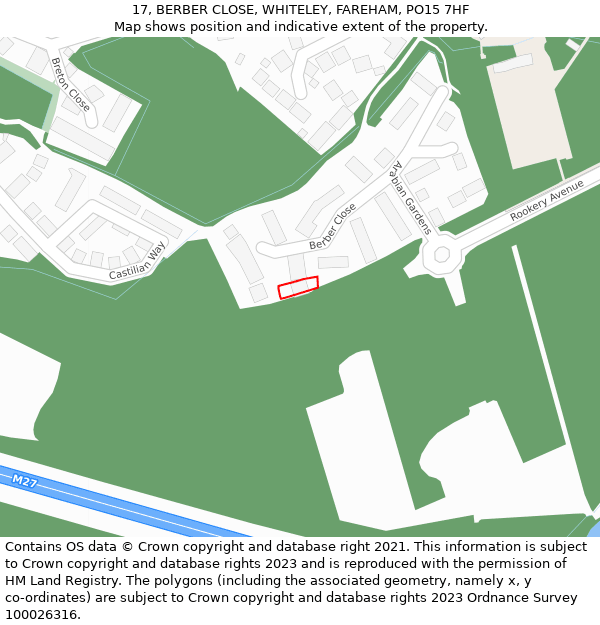 17, BERBER CLOSE, WHITELEY, FAREHAM, PO15 7HF: Location map and indicative extent of plot