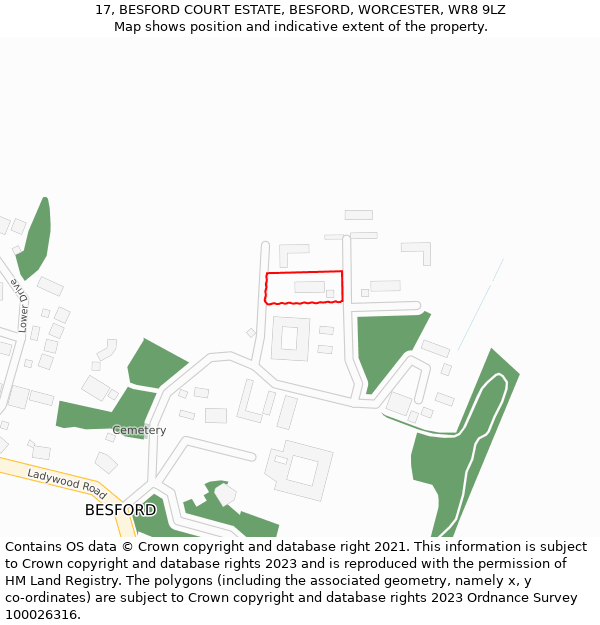 17, BESFORD COURT ESTATE, BESFORD, WORCESTER, WR8 9LZ: Location map and indicative extent of plot