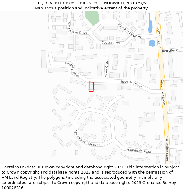 17, BEVERLEY ROAD, BRUNDALL, NORWICH, NR13 5QS: Location map and indicative extent of plot