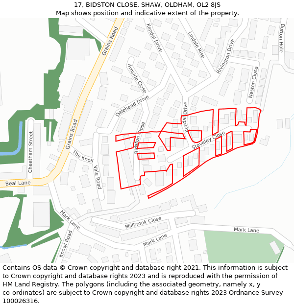 17, BIDSTON CLOSE, SHAW, OLDHAM, OL2 8JS: Location map and indicative extent of plot
