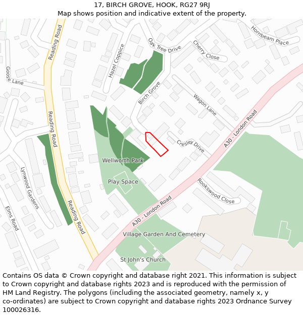 17, BIRCH GROVE, HOOK, RG27 9RJ: Location map and indicative extent of plot