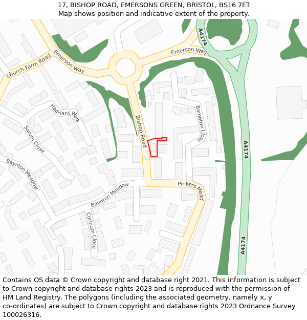 17, BISHOP ROAD, EMERSONS GREEN, BRISTOL, BS16 7ET: Location map and indicative extent of plot