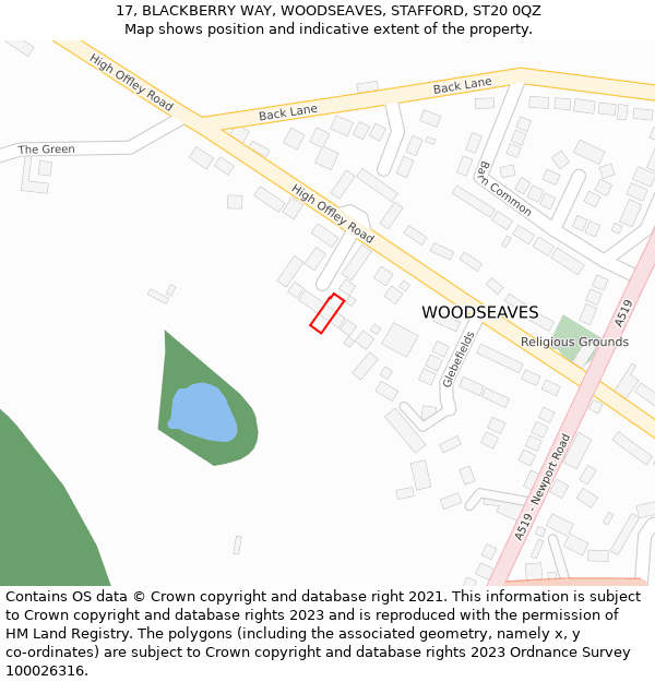 17, BLACKBERRY WAY, WOODSEAVES, STAFFORD, ST20 0QZ: Location map and indicative extent of plot