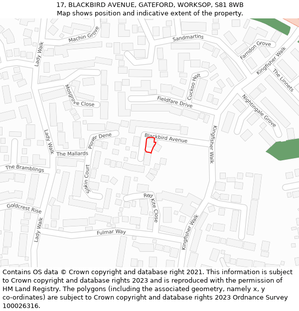 17, BLACKBIRD AVENUE, GATEFORD, WORKSOP, S81 8WB: Location map and indicative extent of plot