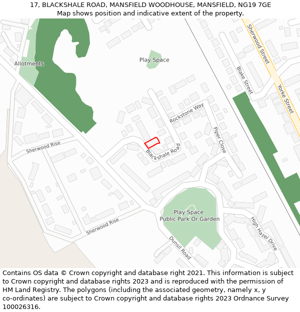 17, BLACKSHALE ROAD, MANSFIELD WOODHOUSE, MANSFIELD, NG19 7GE: Location map and indicative extent of plot