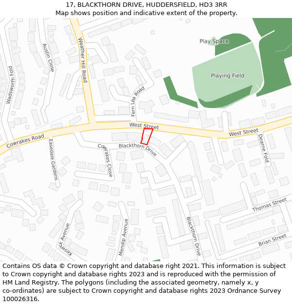 17, BLACKTHORN DRIVE, HUDDERSFIELD, HD3 3RR: Location map and indicative extent of plot