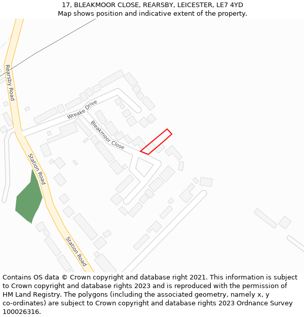 17, BLEAKMOOR CLOSE, REARSBY, LEICESTER, LE7 4YD: Location map and indicative extent of plot