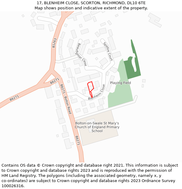 17, BLENHEIM CLOSE, SCORTON, RICHMOND, DL10 6TE: Location map and indicative extent of plot