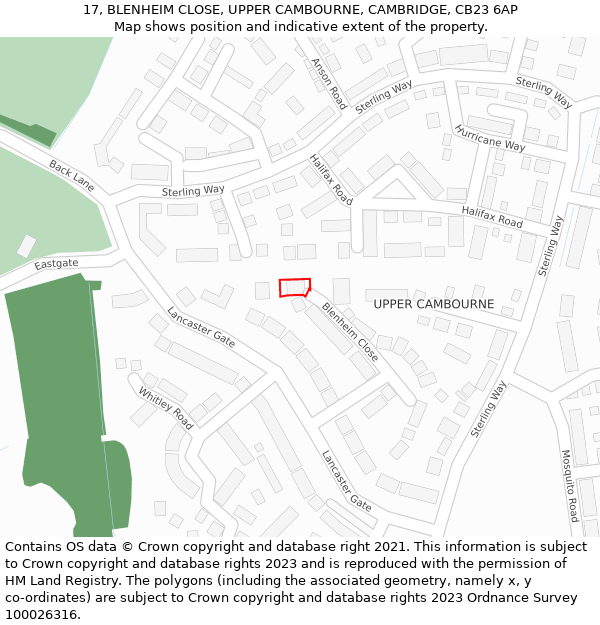 17, BLENHEIM CLOSE, UPPER CAMBOURNE, CAMBRIDGE, CB23 6AP: Location map and indicative extent of plot