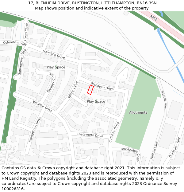 17, BLENHEIM DRIVE, RUSTINGTON, LITTLEHAMPTON, BN16 3SN: Location map and indicative extent of plot