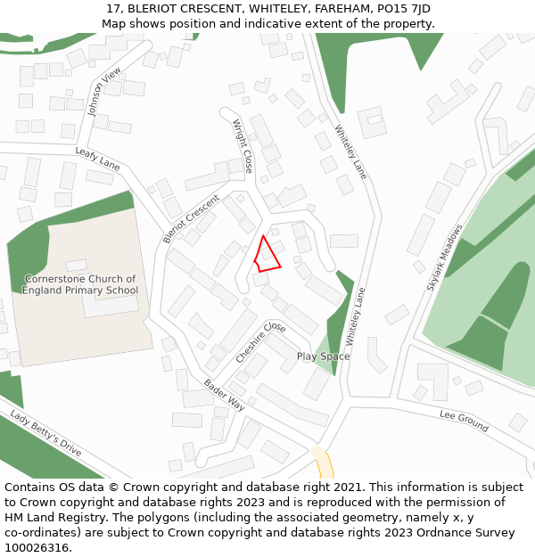 17, BLERIOT CRESCENT, WHITELEY, FAREHAM, PO15 7JD: Location map and indicative extent of plot