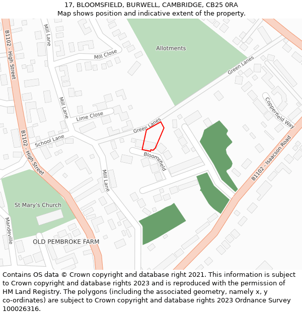 17, BLOOMSFIELD, BURWELL, CAMBRIDGE, CB25 0RA: Location map and indicative extent of plot