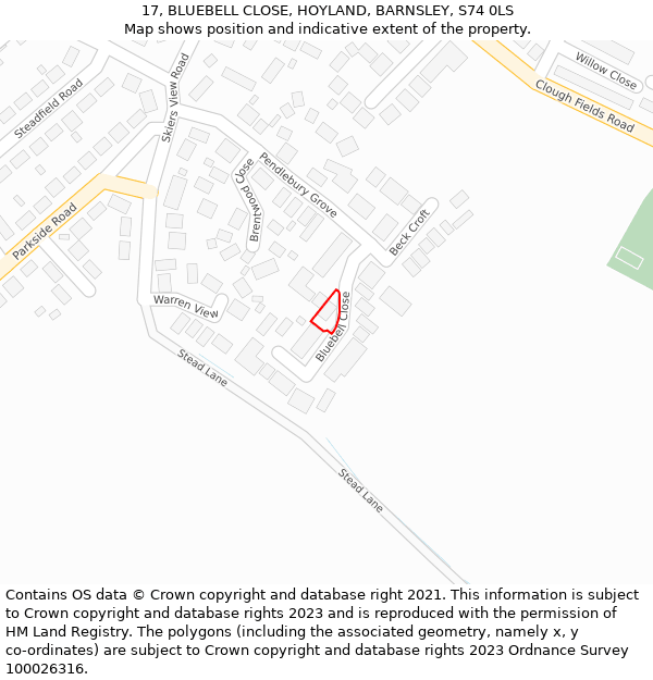 17, BLUEBELL CLOSE, HOYLAND, BARNSLEY, S74 0LS: Location map and indicative extent of plot