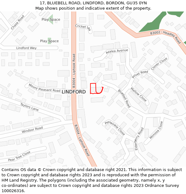 17, BLUEBELL ROAD, LINDFORD, BORDON, GU35 0YN: Location map and indicative extent of plot