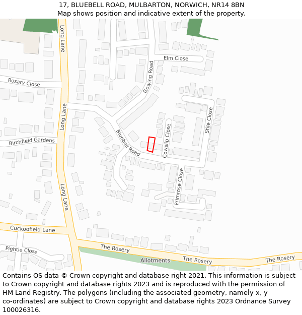 17, BLUEBELL ROAD, MULBARTON, NORWICH, NR14 8BN: Location map and indicative extent of plot