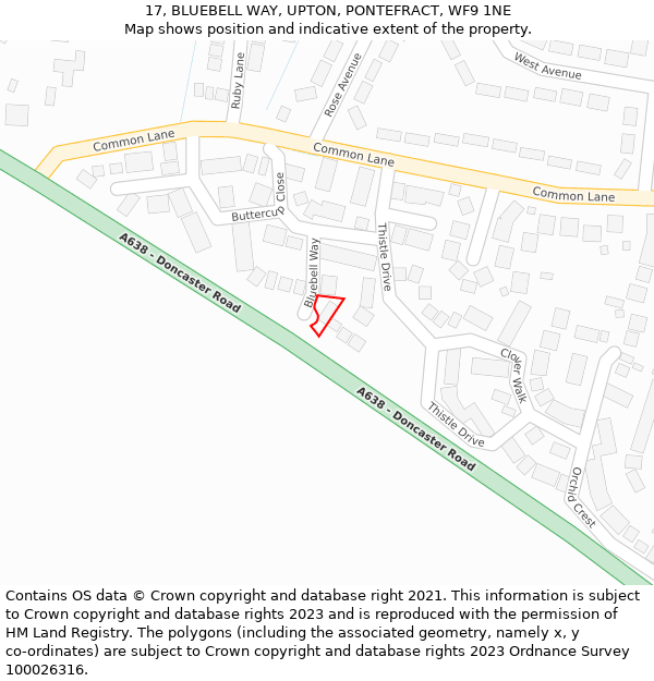 17, BLUEBELL WAY, UPTON, PONTEFRACT, WF9 1NE: Location map and indicative extent of plot