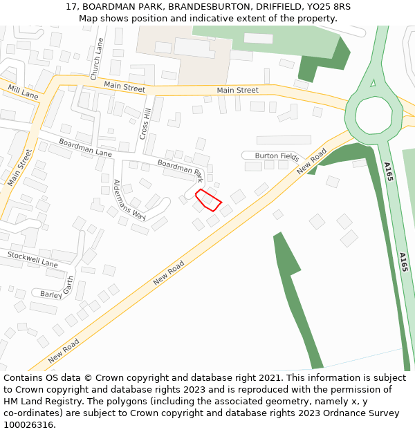 17, BOARDMAN PARK, BRANDESBURTON, DRIFFIELD, YO25 8RS: Location map and indicative extent of plot