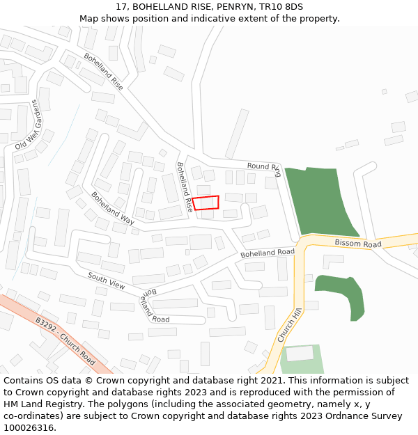 17, BOHELLAND RISE, PENRYN, TR10 8DS: Location map and indicative extent of plot