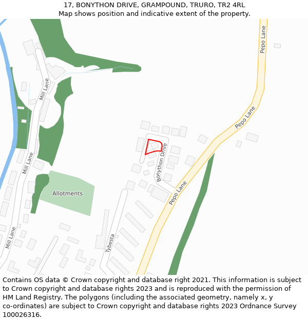 17, BONYTHON DRIVE, GRAMPOUND, TRURO, TR2 4RL: Location map and indicative extent of plot