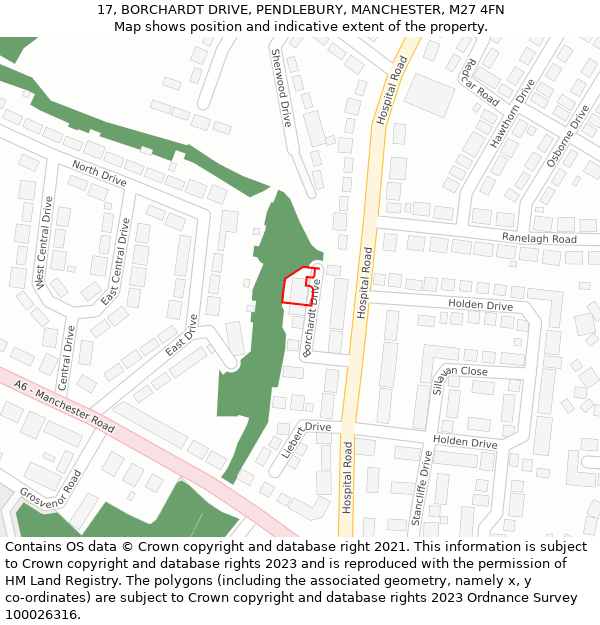 17, BORCHARDT DRIVE, PENDLEBURY, MANCHESTER, M27 4FN: Location map and indicative extent of plot