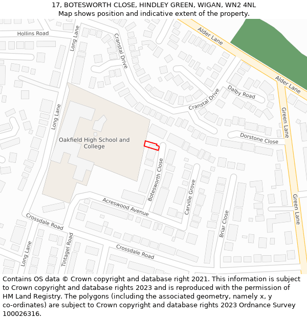 17, BOTESWORTH CLOSE, HINDLEY GREEN, WIGAN, WN2 4NL: Location map and indicative extent of plot