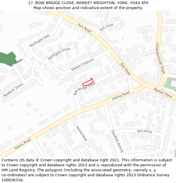 17, BOW BRIDGE CLOSE, MARKET WEIGHTON, YORK, YO43 3FH: Location map and indicative extent of plot