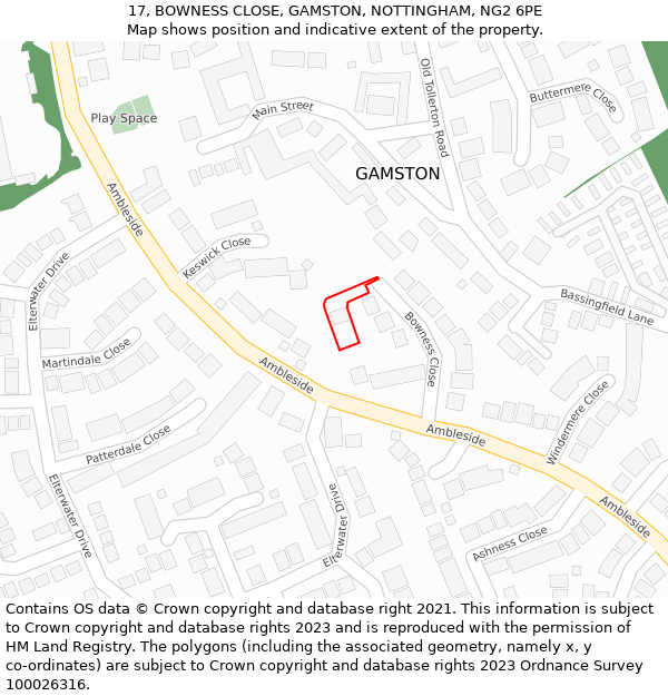 17, BOWNESS CLOSE, GAMSTON, NOTTINGHAM, NG2 6PE: Location map and indicative extent of plot