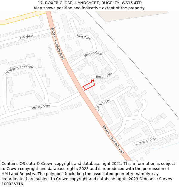 17, BOXER CLOSE, HANDSACRE, RUGELEY, WS15 4TD: Location map and indicative extent of plot