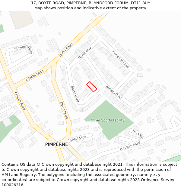 17, BOYTE ROAD, PIMPERNE, BLANDFORD FORUM, DT11 8UY: Location map and indicative extent of plot